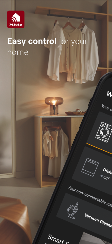 Smartphone displaying the Miele app interface for remote control of home appliances