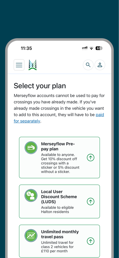 Merseyflow app screen displaying toll payment options including pre-pay plans and monthly passes