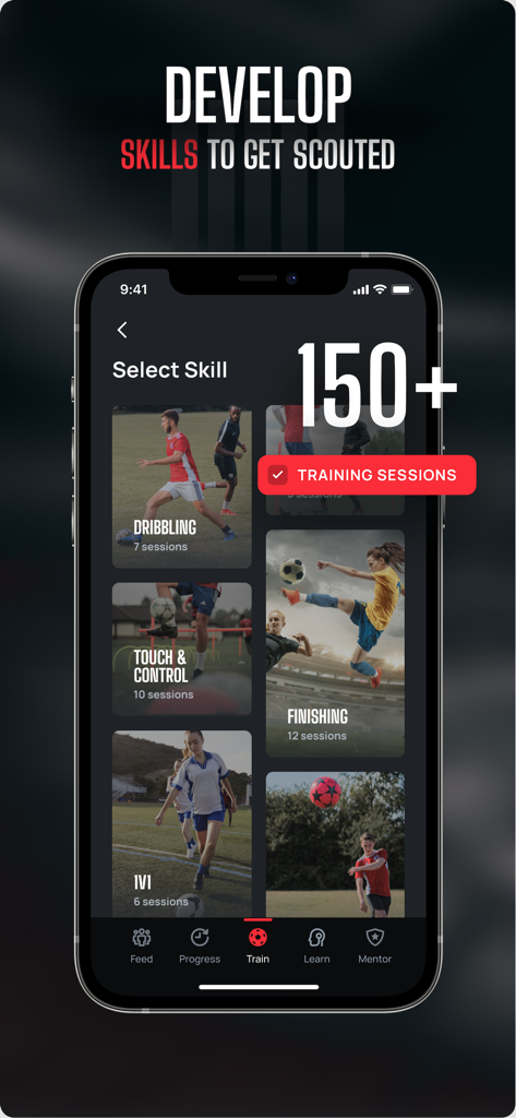 Train Effective app interface showing various soccer training categories including dribbling and finishing