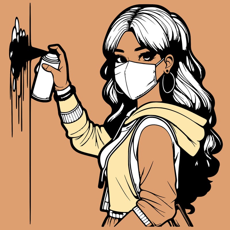 realistic girl with mask spray painting a wall