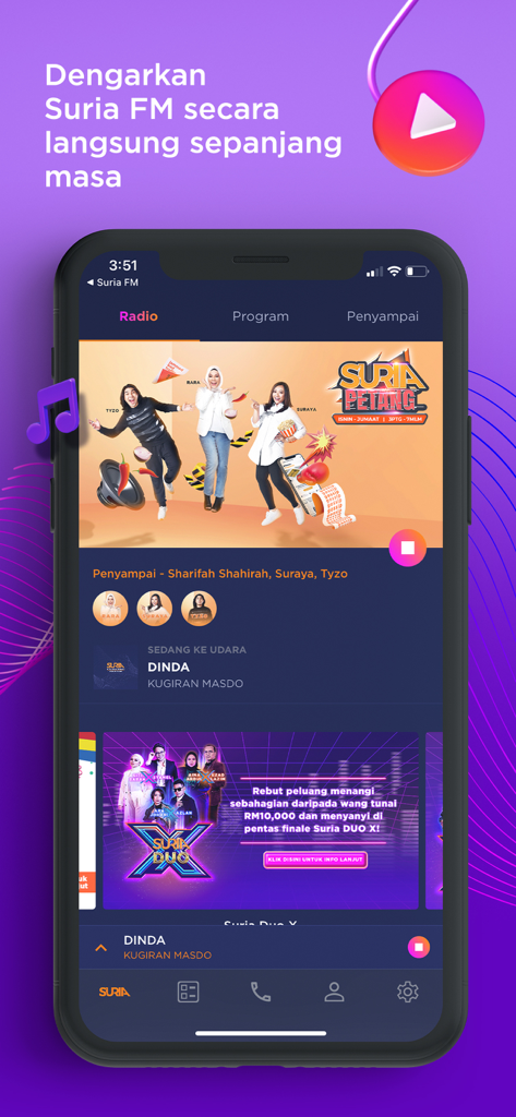 Suria Malaysia - Interfaz de la aplicación móvil Suria Malaysia mostrando la transmisión de radio en vivo y contenido musical malayo