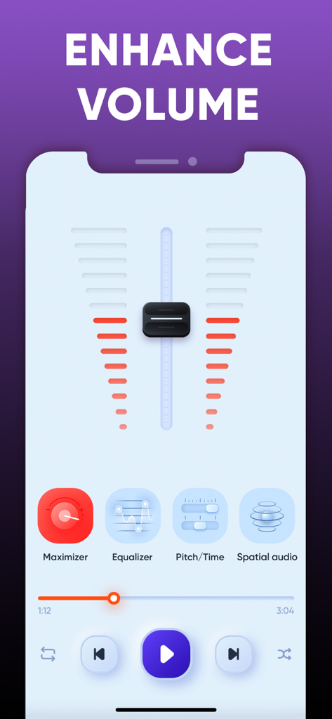 Equalizer - Volume Booster EQ - Interfaccia dell'app Equalizzatore che mostra controlli di potenziamento del volume e massimizzatore