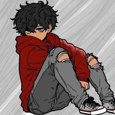 a male hoddie ripped jeans messy hair anime