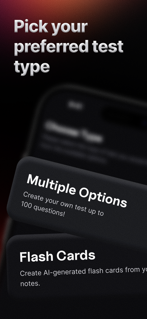 Testopia: AI Quiz & Flashcards - Interfaz de la aplicación Testopia mostrando opciones para cuestionarios de opción múltiple y tarjetas de memoria generadas por IA.