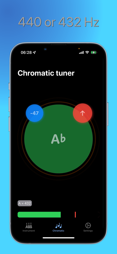 Chromatic tuner screen of the Get Tuned app featuring 432Hz frequency mode