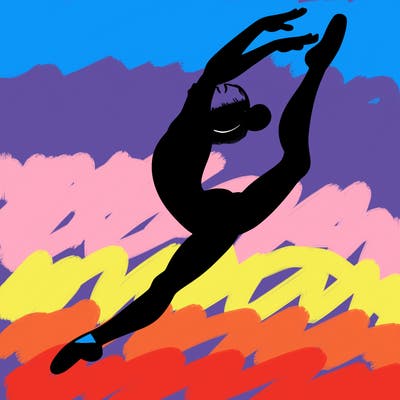 gymnast doing a leap in a leotard with a bent back leg