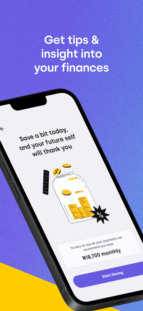 Lint - Lint app screen displaying financial tips and a monthly savings recommendation with a gold coin jar illustration.