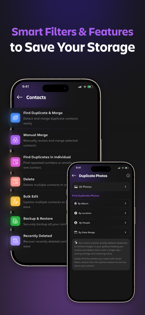 Duplicate Cleaner App-Softices - iPhone screens showing smart filters for duplicate photos and contact management tools