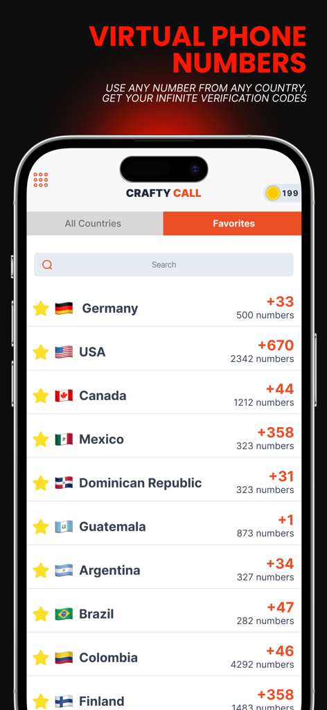 List of international virtual phone numbers for SMS verification in the Crafty Call app interface