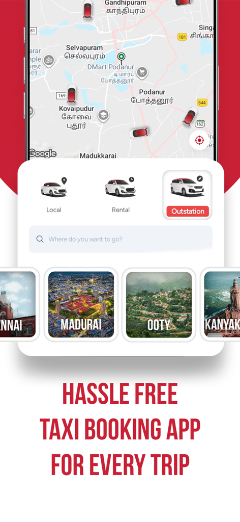 Red Taxi - Cab Booking App - Smartphone-Bildschirm mit der Red Taxi App-Oberfläche mit Echtzeit-Taxi-Tracking auf einer Karte und Buchungsoptionen für lokale und Fernreisen.