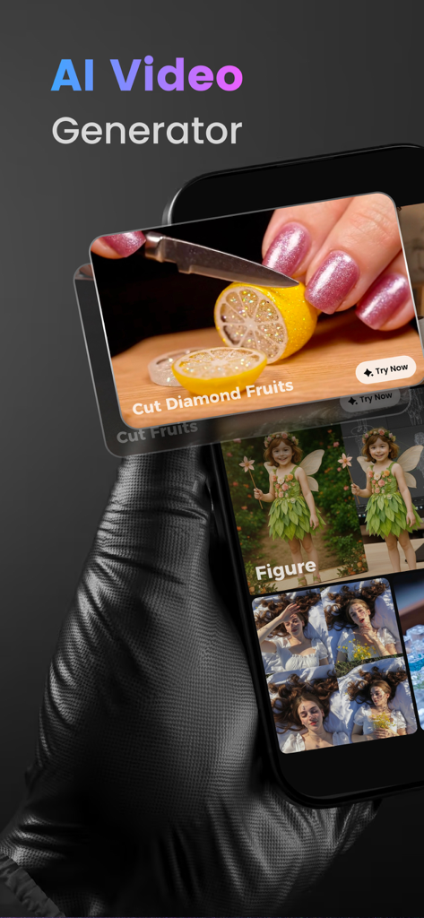 AI Video Generator & Photo AI - Smartphone screen showing the AI Video Generator app with creative video examples including a diamond lemon and a character figure