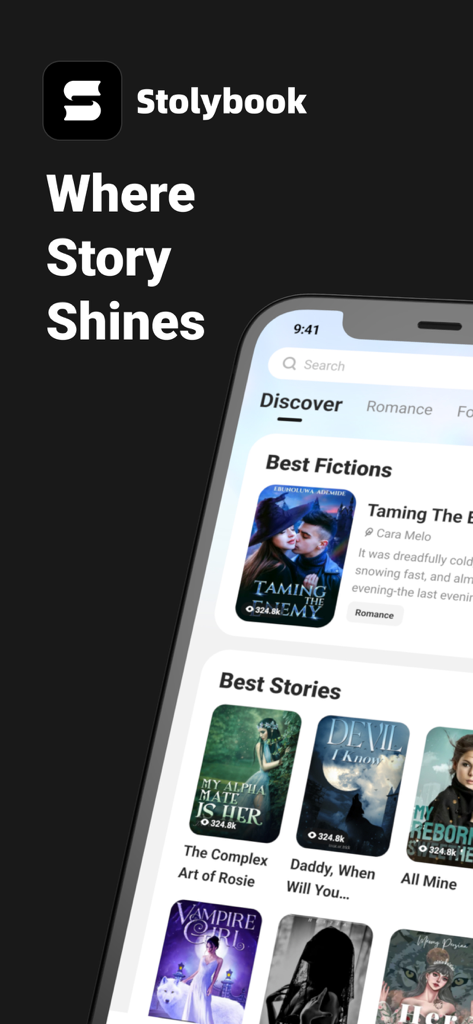 Stolybook - Where Story Shines - Stolybook mobile app interface showing trending romance and fantasy web novels