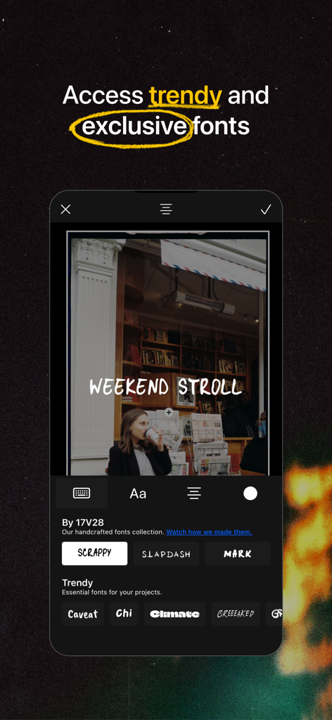 Interface de l'application 17V28 montrant des options de polices exclusives et tendance pour l'édition de photos créatives.