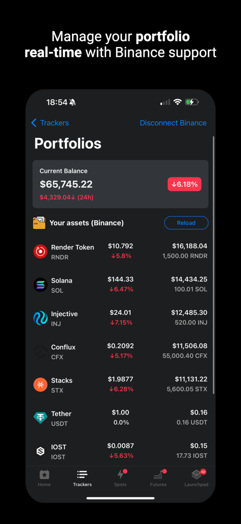 Mobile interface of Zyncas crypto trading app displaying a user portfolio with Binance assets and real-time balance updates
