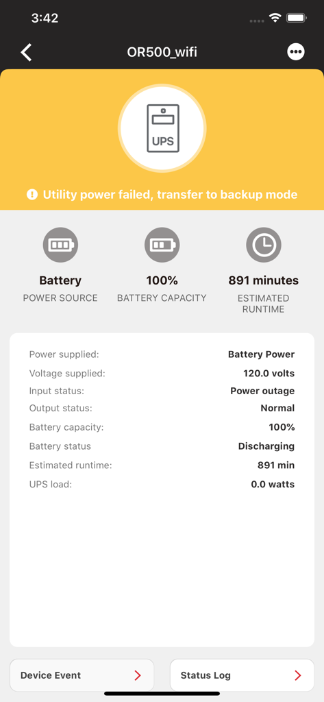 PowerPanel Cloud - PowerPanel Cloud app interface showing a UPS power failure alert and battery backup status.