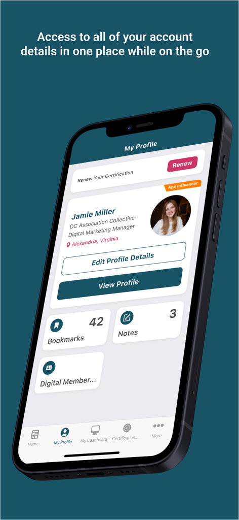 The My Profile screen of the ABO-NCLE Certifications app displaying account information and a certification renewal button.