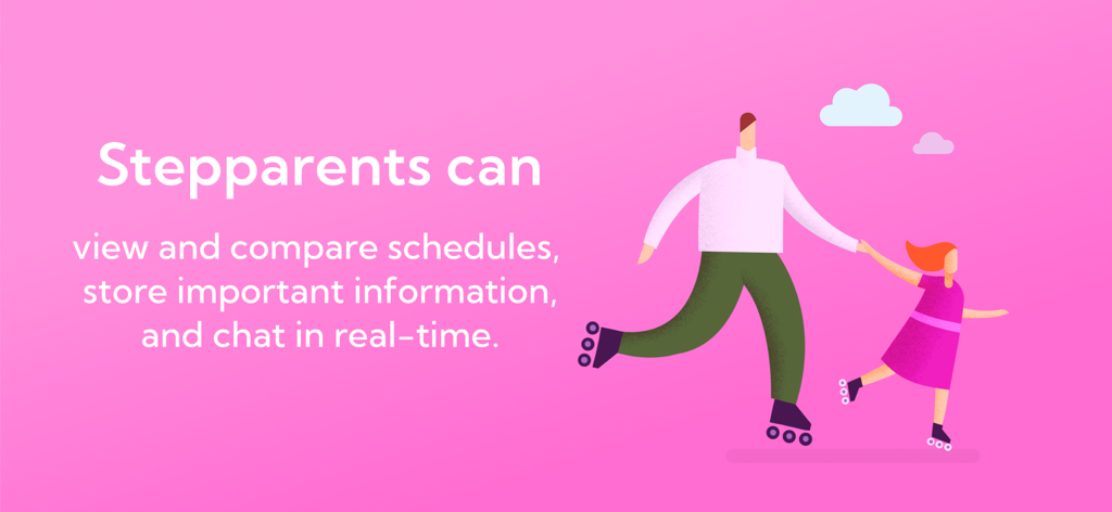 AppClose - Illustration d'un homme et d'une fille faisant du patin à roulettes avec un texte sur les fonctionnalités d'AppClose pour les beaux-parents