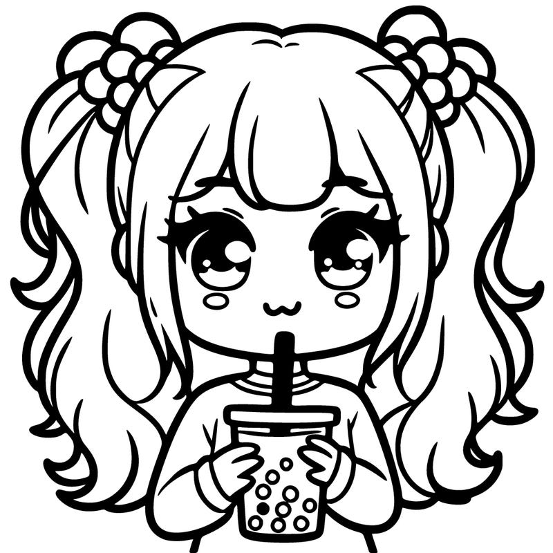 a girl with boba tea and pigtails