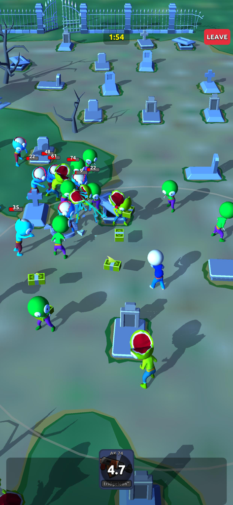 Strong Whisper Expert - Captura de pantalla del juego de Crimson Storm Silence que muestra a un personaje jugador luchando contra una horda de zombis en un cementerio