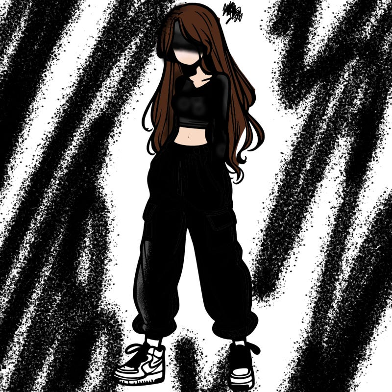 girl in baggy pants crop top and long hair