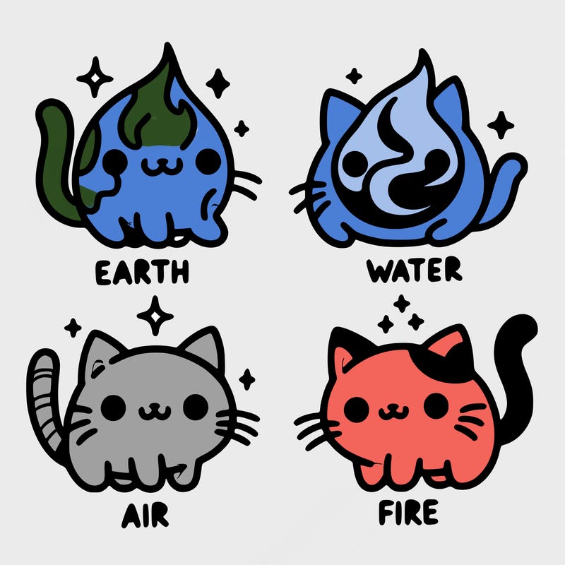 4 cats that represent the different elements, earth, water, air, and fire
