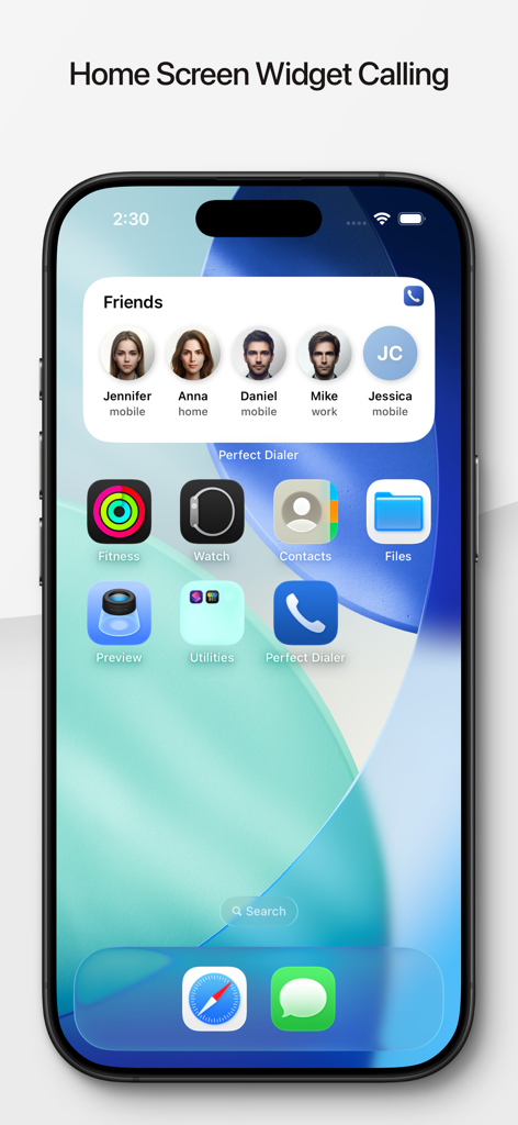 Perfect Dialer home screen widget displaying a list of favorite contacts with profile photos for quick calling on an iPhone.