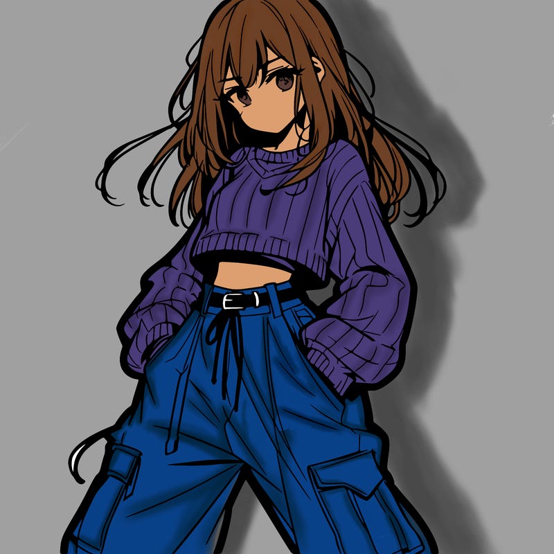 anime teen girl with baggy pants and crop top with sweater