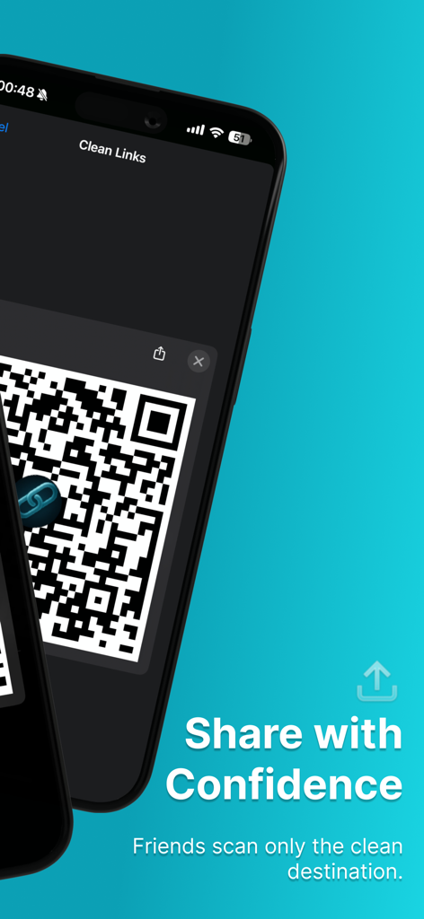 Clean Links - QR Code Reader - iPhone screenshot of Clean Links QR Code Reader app highlighting secure sharing of clean destinations