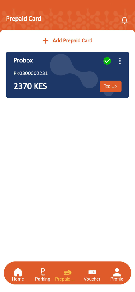 Evopay Africa - ケニア・シリングでのプリペイドカード残高とチャージオプションを表示するEvopay Africaモバイルアプリ画面