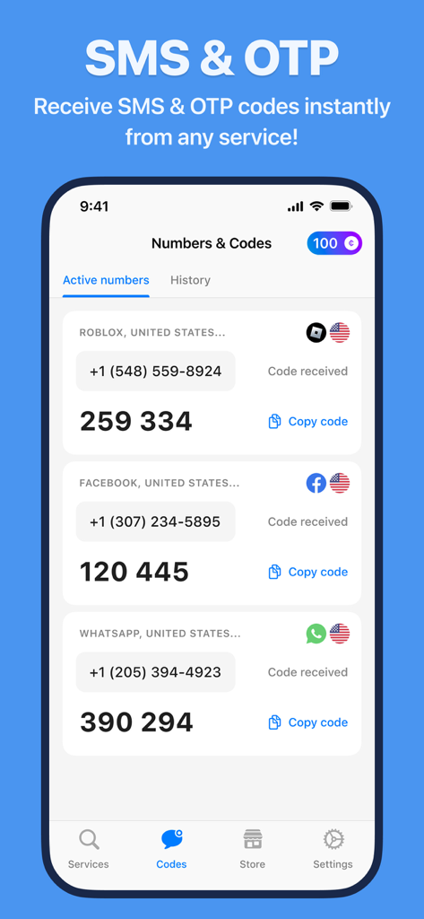 vCode: OTP & SMS Phone Number - The vCode app interface displaying active virtual phone numbers and received SMS verification codes for social media accounts