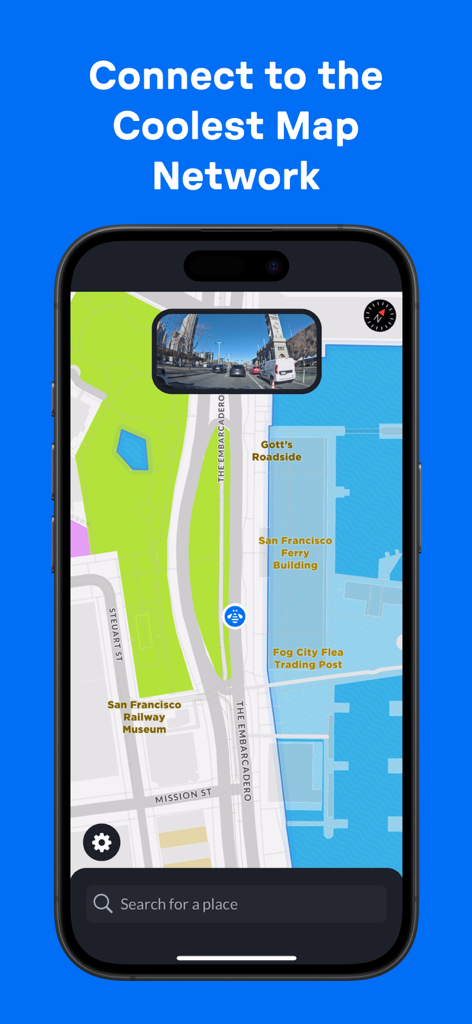 Bee Maps: Drive, Earn, Fun - Interface de l'application Bee Maps sur un smartphone montrant un flux de dashcam en direct superposé à une carte de San Francisco