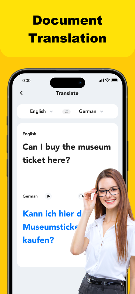 Translation Book:AI Translator - Interface de l'application Translation Book montrant une traduction de texte anglais vers allemand sur un iPhone.