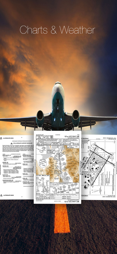 Ein Flugzeug landet bei Sonnenuntergang mit überlagerten digitalen FAA-Luftfahrtkarten und Wetterinformationen.