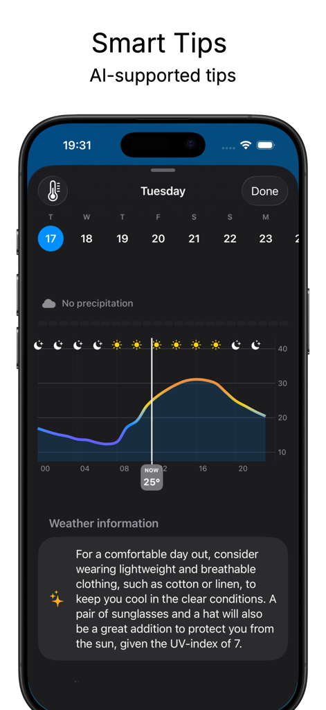SmartWeather - SmartWeather app screenshot showing AI supported daily weather tips and temperature graph