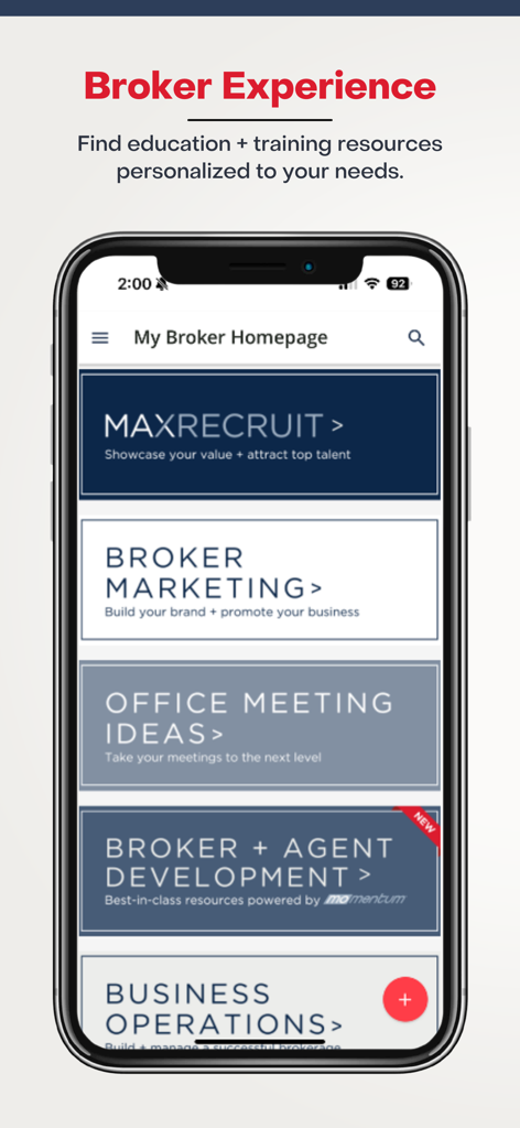 Panel de Experiencia del Broker de la aplicación Universidad RE/MAX que muestra categorías de formación para marketing de reclutamiento y desarrollo de agentes