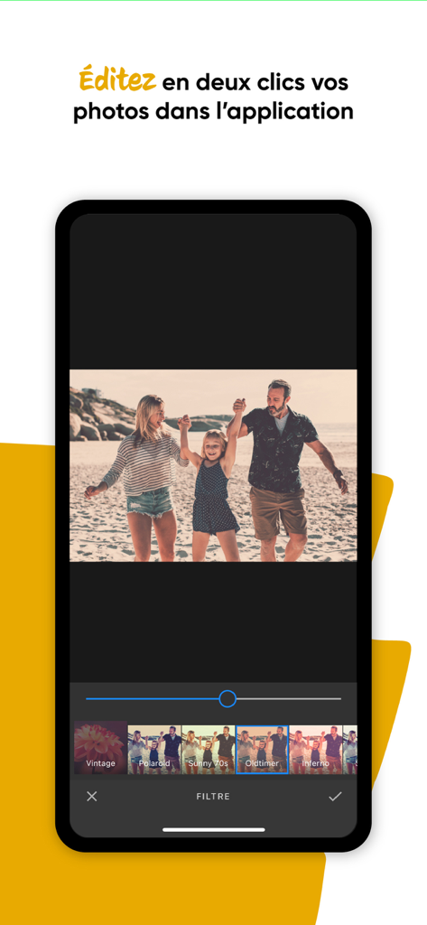 Interface de l'application mobile Fnac Photo montrant les filtres photo et les outils d'édition