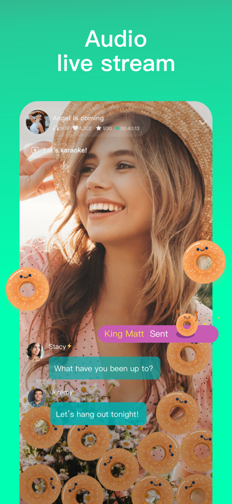 Wave - Audio Live Streaming - Interface of the Wave app showing an audio live stream with real-time user chat and interactive elements.