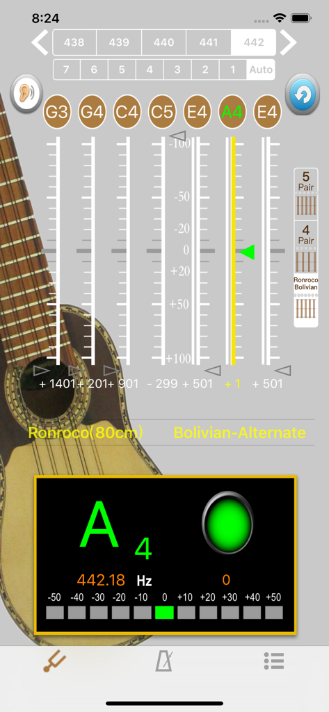 Charango Chillador Tuner - Interface of the Charango Chillador Tuner app showing tuning for a Ronroco instrument