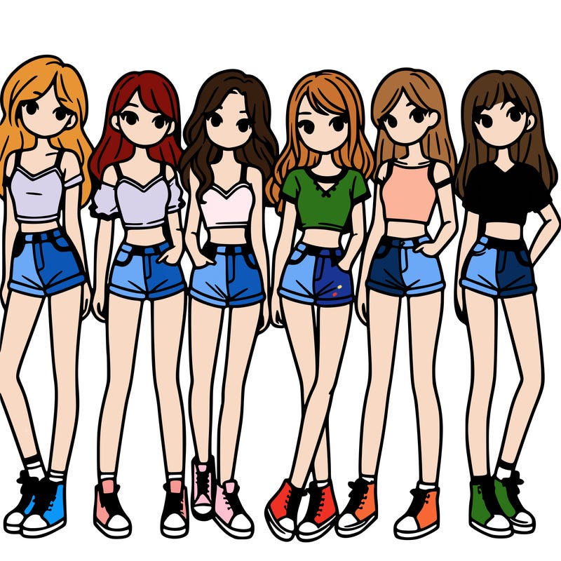 a group of girls wearing crop tops and shorts