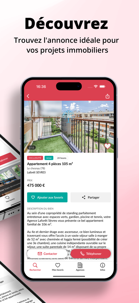 Figaro Immo - Figaro Immo app interface showing a detailed French real estate listing for an apartment with price and photos.