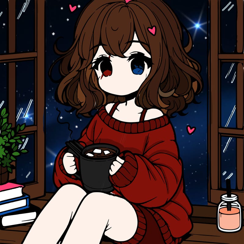 cute anime girl reading book and drinking hot chocolate from mug with loose wavy hair wearing a baggy sweatshirt and shorts sitting by windowsill looking out