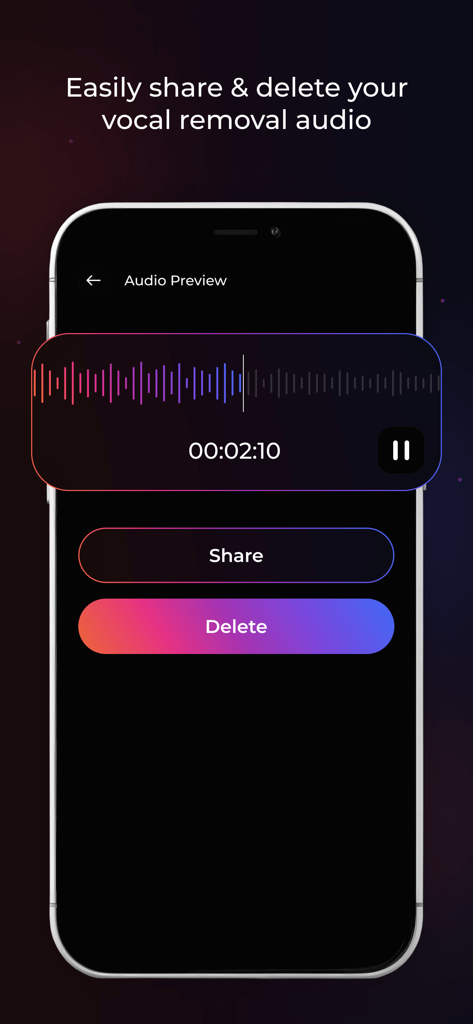 Audio-Vorschau-Oberfläche der Vocal Remover AI App mit Teilen- und Löschen-Schaltflächen.