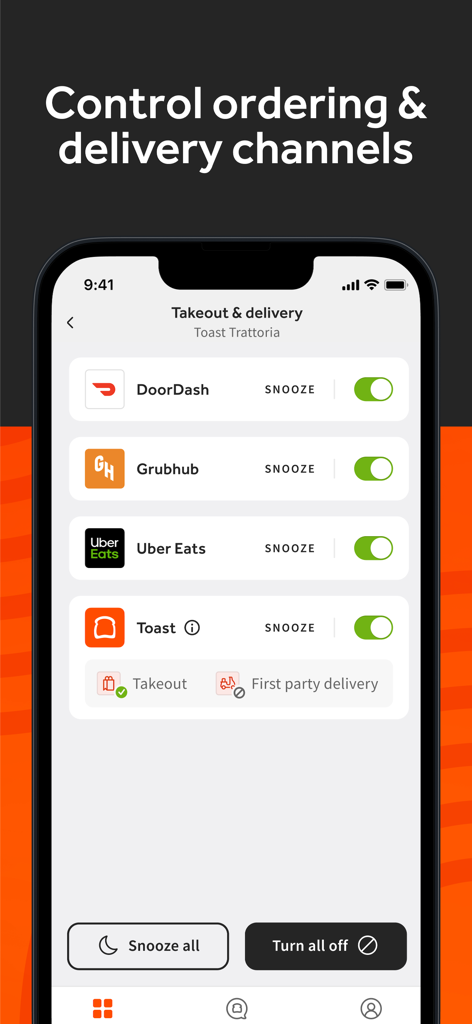 Toast Now - Interface of the Toast Now app showing controls to snooze or turn off delivery channels like DoorDash Grubhub and Uber Eats