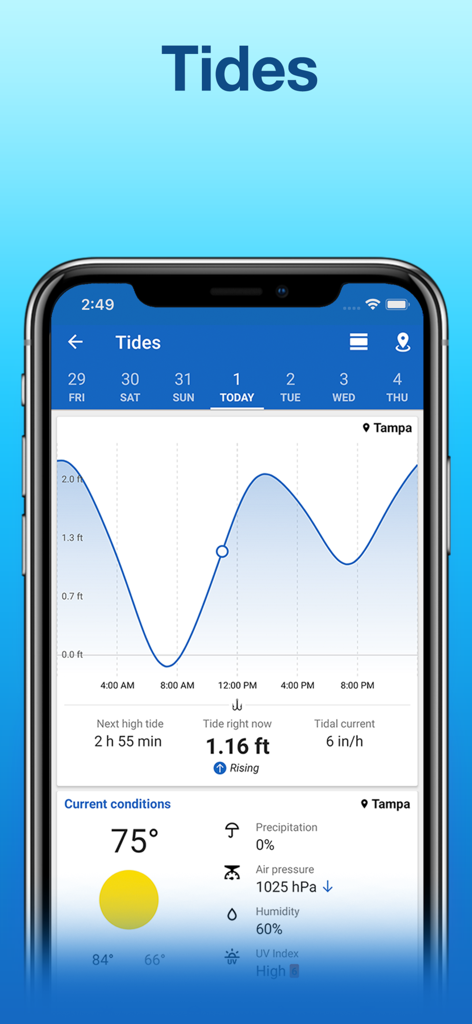 Fishing Points: Map & Forecast - Interface of the Fishing Points app showing tide predictions and weather forecast for Tampa Florida