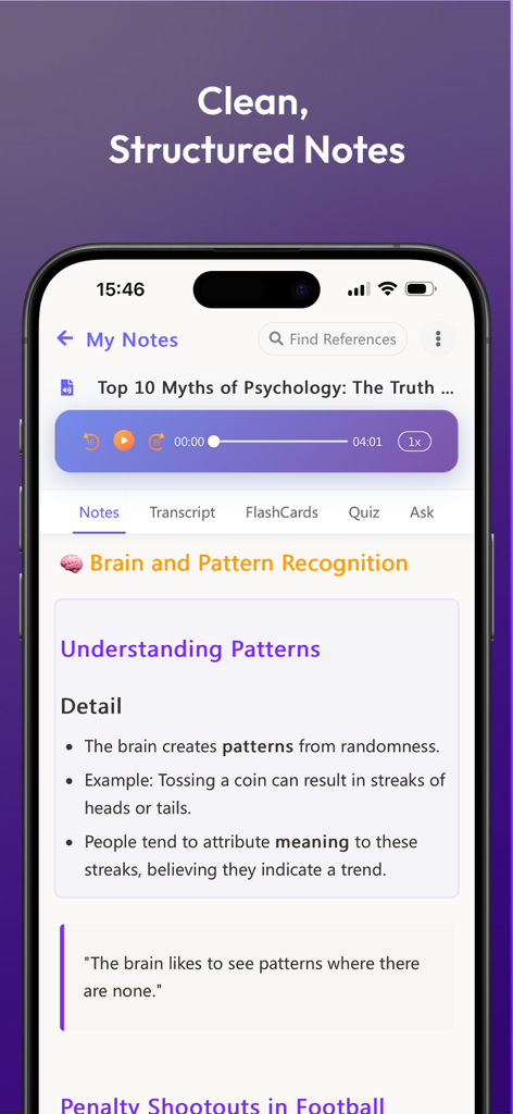 EasyNoteAI-AI Note Taker - Interfaz de la aplicación móvil mostrando notas de clase de psicología limpias y estructuradas con un reproductor de audio integrado y pestañas de estudio