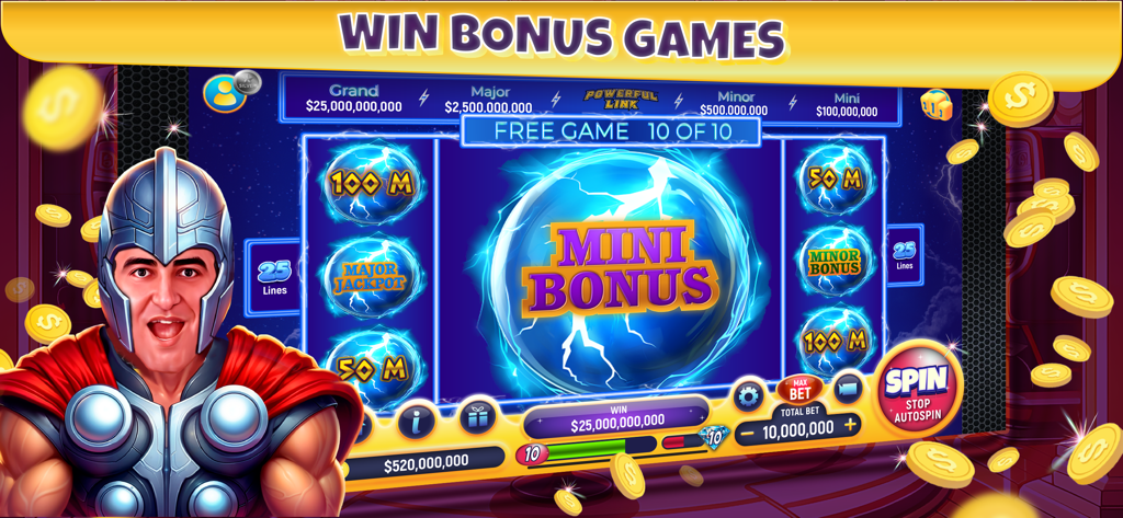 A bonus game screen from NG Slot Vegas Casino Games with a character in a helmet and glowing jackpot orbs.