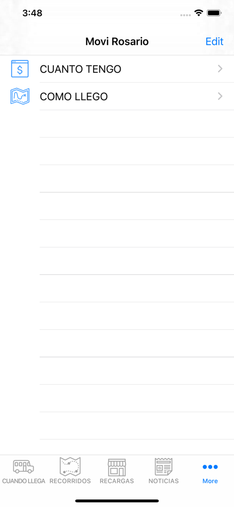 Main menu of the MOVI Rosario navigation app with options for card balance and route planning