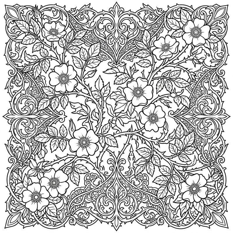 Immerse yourself in the captivating elegance of this Gothic Wild Roses coloring page, where natural beauty meets intricate, dark allure. This detailed design offers a unique blend of delicate blooms, thorny vines, and ornate patterns perfect for a truly engaging artistic escape.