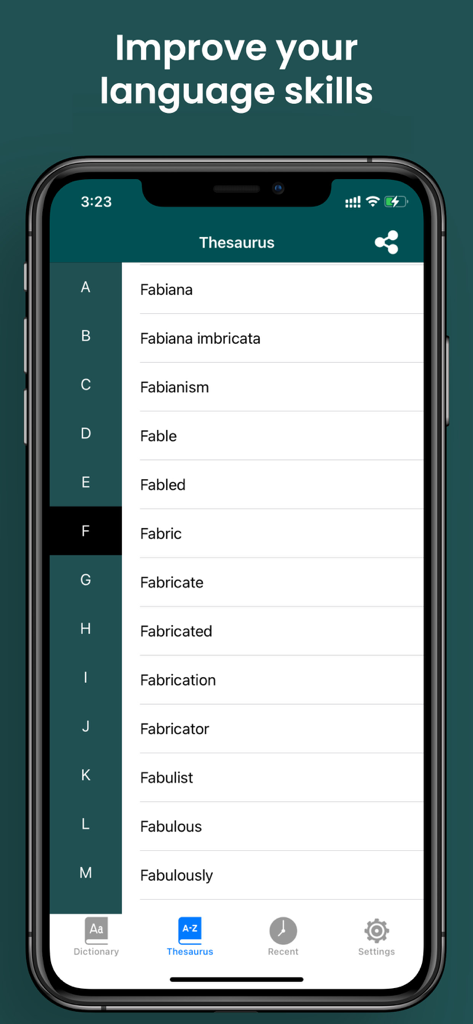 English Dictionary - Schermata del tesauro dell'app Dizionario Inglese che visualizza un elenco alfabetico di parole che iniziano con la lettera F
