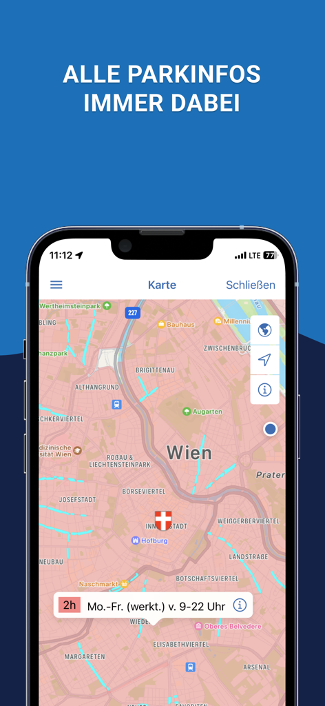 Kartenoberfläche der HANDYPARKEN App, die Parkzonen und -vorschriften in Wien anzeigt